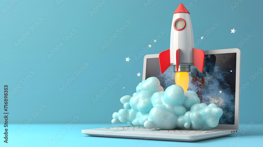 Rocket launches from a laptop screen, indicating business growth and high-speed Internet. Rocket launches from a laptop screen, indicating business growth and high-speed Internet.