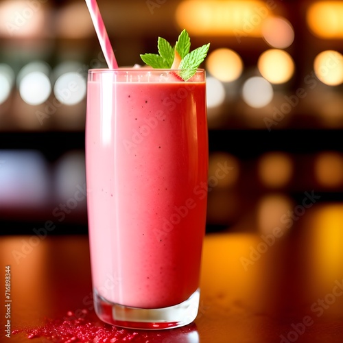 Healthy strawberry smoothie in a transparent glass with strawberries. Generative AI. 