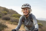 Portrait of a relaxed mature woman practicing mountain biking. With generative AI technology