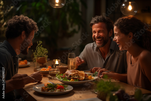 Cena de amigos en casa. Grupo de chicas y chicos riendo y disfrutando de la comida y de la compa  ia.