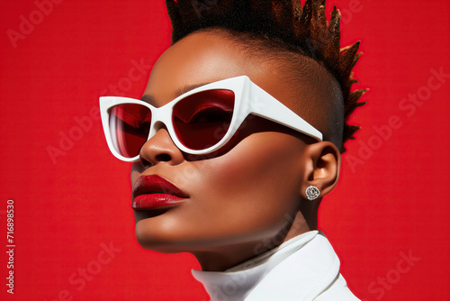 Stylish black woman with sunglasses on a red backdrop. Generative AI image
