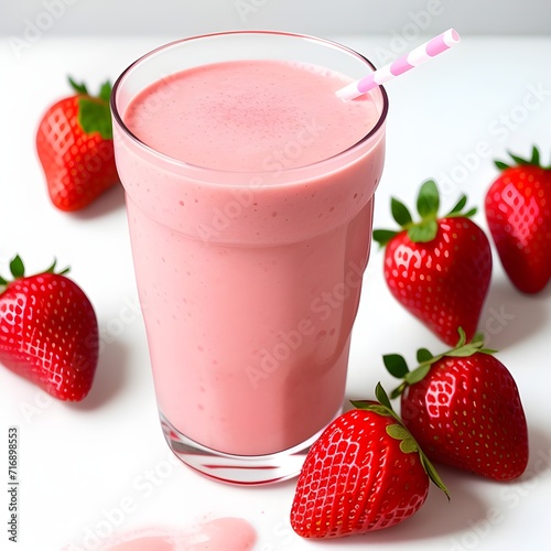 Healthy strawberry smoothie in a transparent glass with strawberries. Generative AI.
