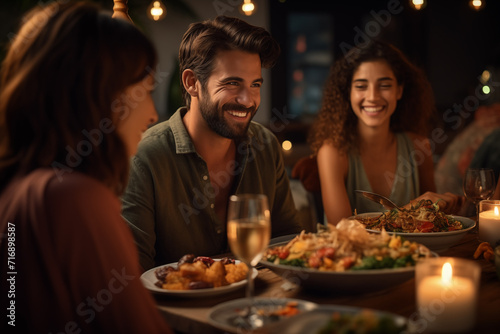 Cena de amigos en casa. Grupo de chicas y chicos riendo y disfrutando de la comida y de la compañia. © Crowded Studio