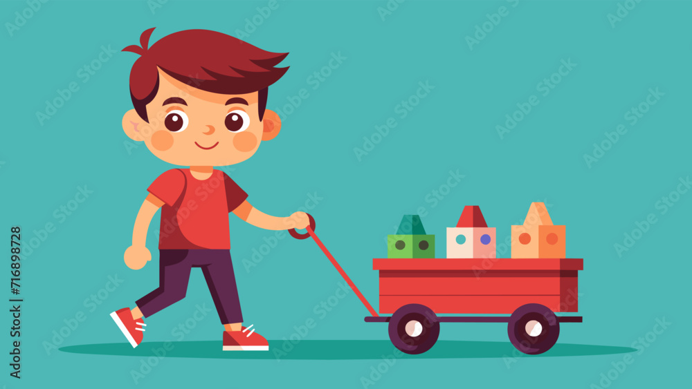 Obraz premium Smiling boy pulling red wagon with colorful blocks cartoon vector illustration