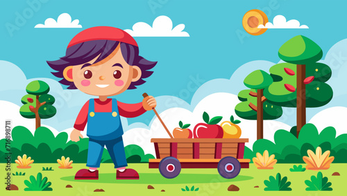 Happy child with a cart of apples in a lush green park vector illustration