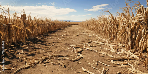 Drought lack or absence of precipitation over a long period of time with elevated temperatures  , A corn field with a dirt road leading to the horizon, photo