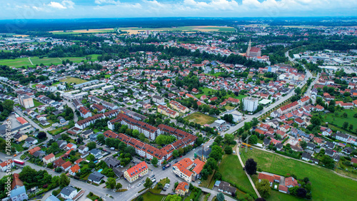 Aerial view of the city Neuoetting in Germany on a cloudy day in late Spring