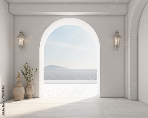 Greece Style Hallway Mockup, 3D Mockup Render, Interior Design