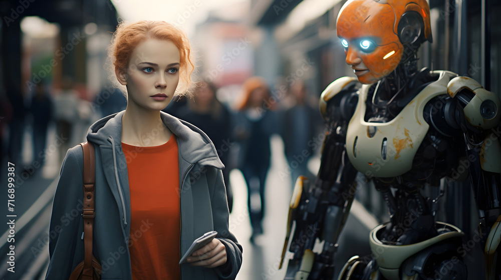 A woman and a humanoid robot facing each other, depicting a concept of human-robot interaction. A woman and a humanoid robot facing each other, depicting a concept of human-robot interaction.