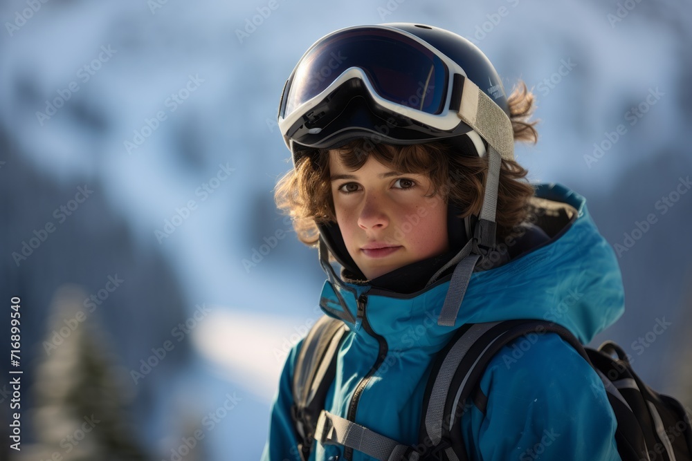 Portrait of a focused kid male snowboarding on a mountain. With generative AI technology Portrait of a focused kid male snowboarding on a mountain. With generative AI technology