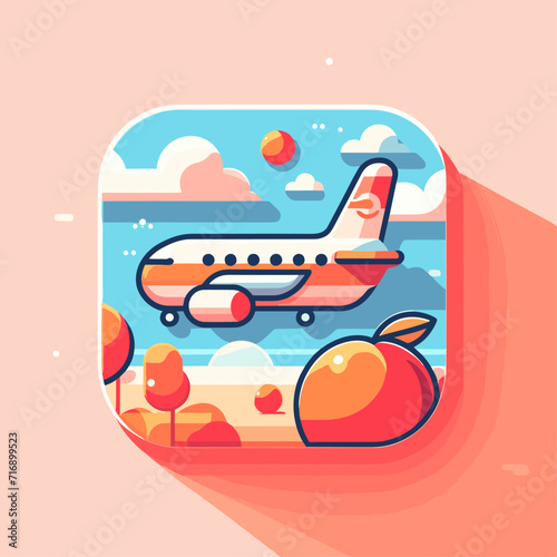 A flat drawing of a vacation trip by plane.  A vector drawing that can be repainted in the desired colors. photo