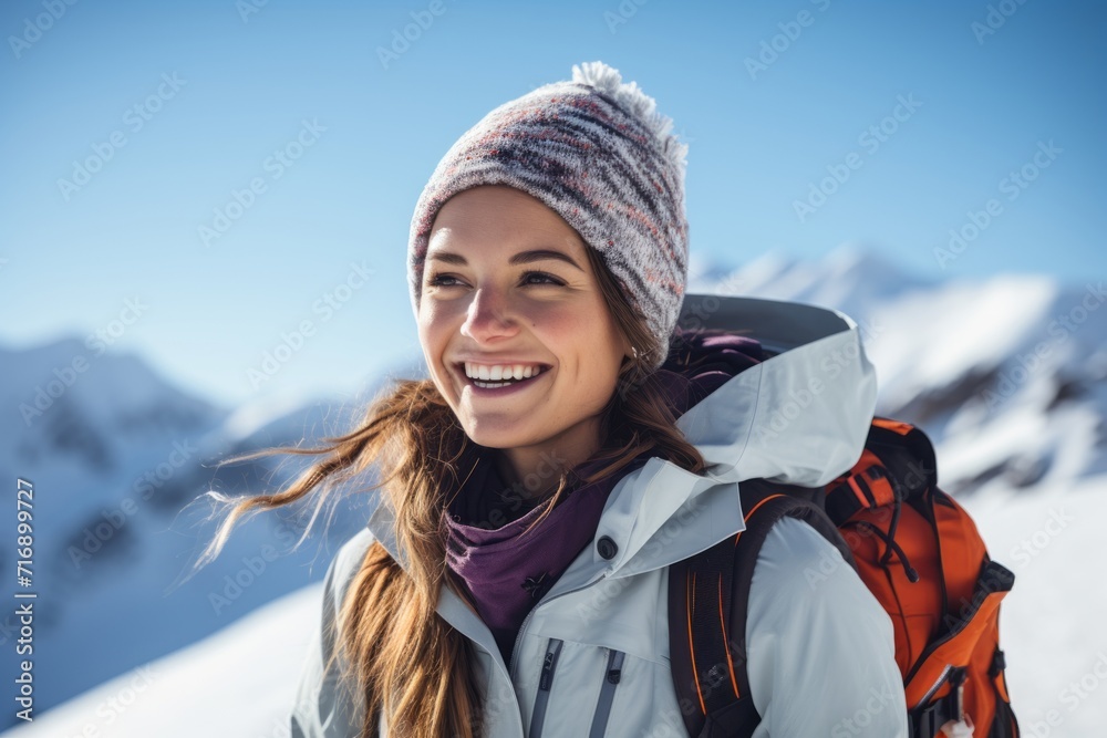 Portrait of a satisfied girl in her 20s snowboarding on a mountain. With generative AI technology - obrazy, fototapety, plakaty 