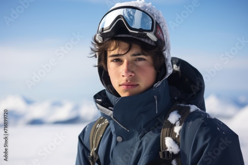 Portrait of a drained boy in his 20s snowboarding on a mountain. With generative AI technology