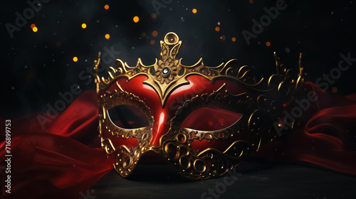 Festive Red Masquerade Mask for Carnival. On a Dark Background with a Golden Bokeh Glow. Elegant Festival Decor. Holiday Pageant and Mardi Gras Concept. © Anastasia Boiko