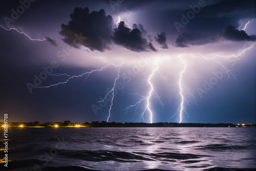 Intense lightning at night, above water