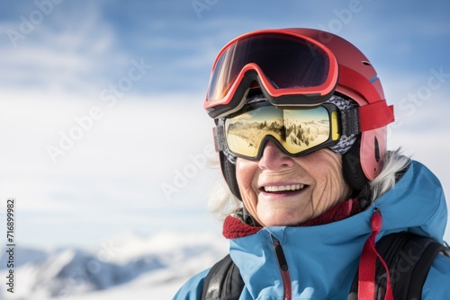 Portrait of a focused old woman snowboarding on a mountain. With generative AI technology © Markus Schröder