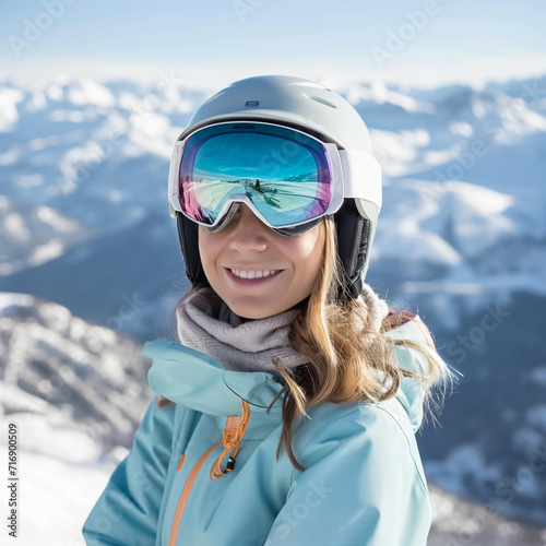 Portrait of beautiful woman with ski and ski suit in winter mountain in sunny day