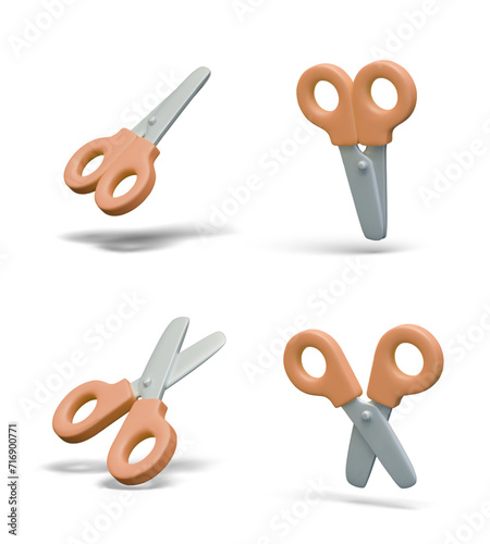 3D office scissors in open and closed position. Set of vector objects at different angles