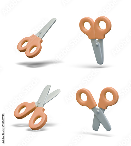 3D office scissors in open and closed position. Set of vector objects at different angles