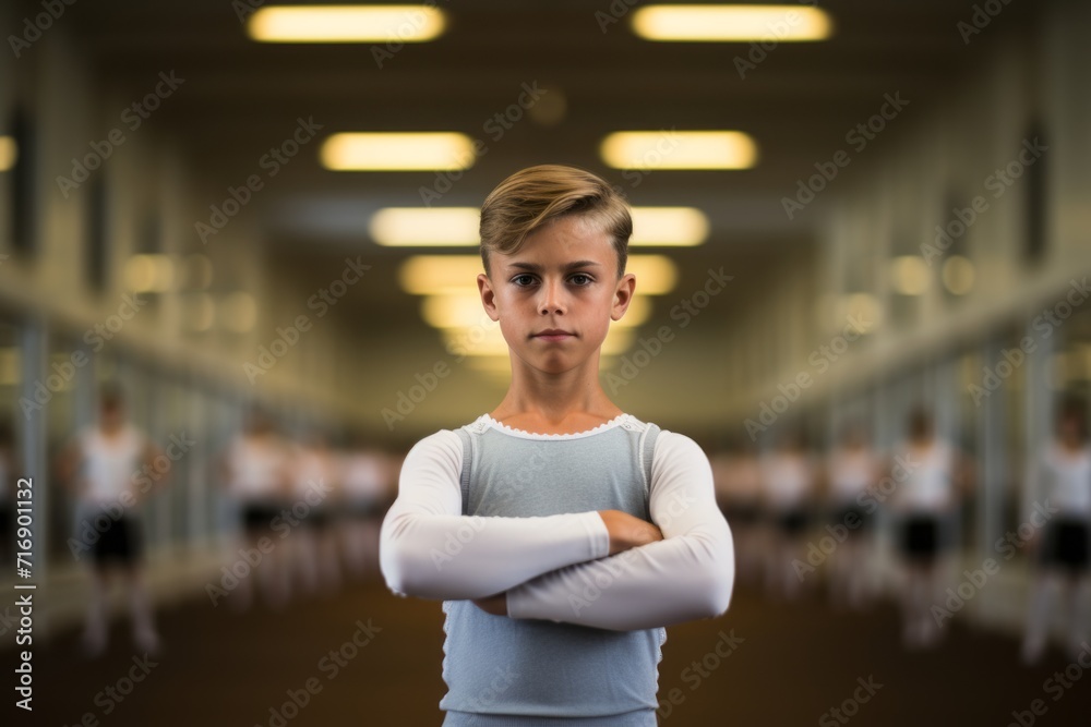Portrait of a focused kid male practicing ballet in a studio. With generative AI technology Portrait of a focused kid male practicing ballet in a studio. With generative AI technology