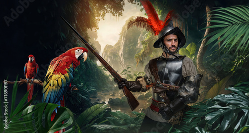 Conquistador with Parrots in Jungle