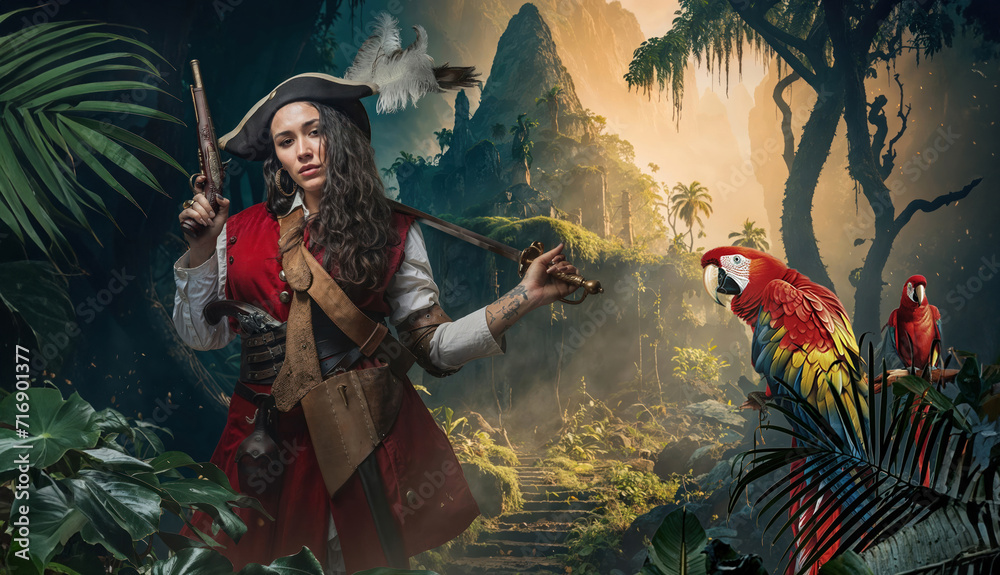 Fototapeta premium Pirate Woman with Parrot in Lush Jungle