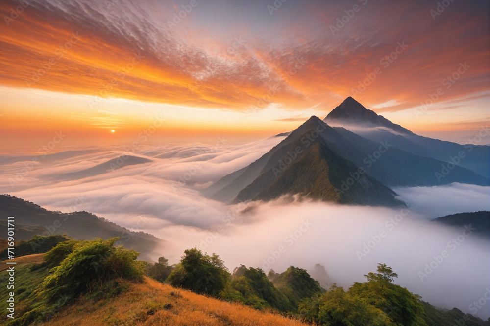 Mountain cloud and foggy at morning time with orange sky, sunrise beautiful landscape