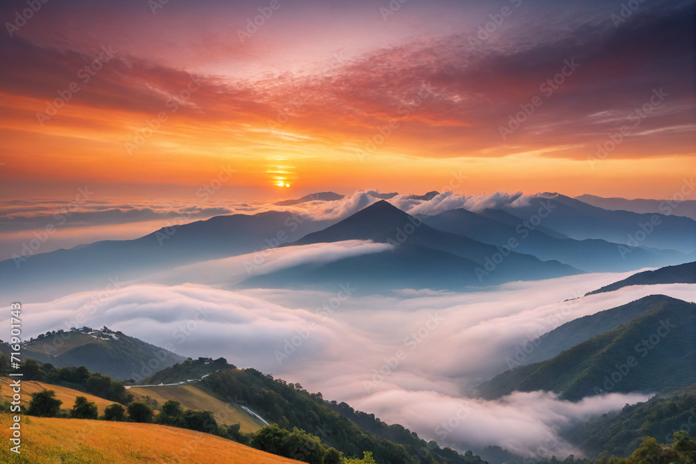 Obraz premium Mountain cloud and foggy at morning time with orange sky, sunrise beautiful landscape