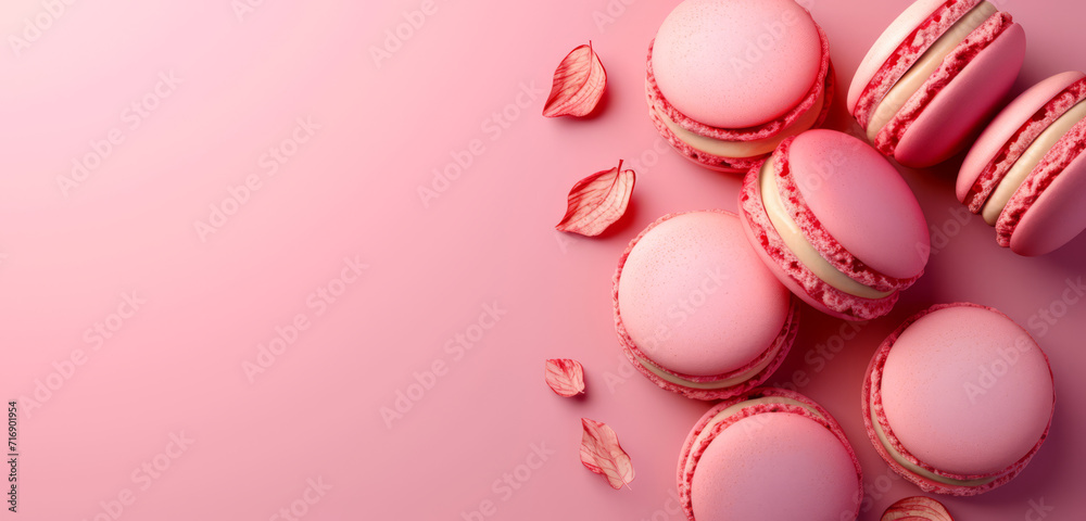 An array of colourful macarons on a vibrant pink surface. An array of colourful macarons on a vibrant pink surface.