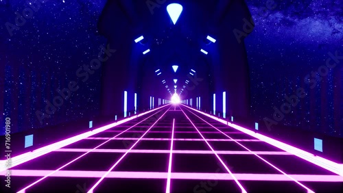 Flying through a tunnel with neon lights in outer space. 3D animation. photo