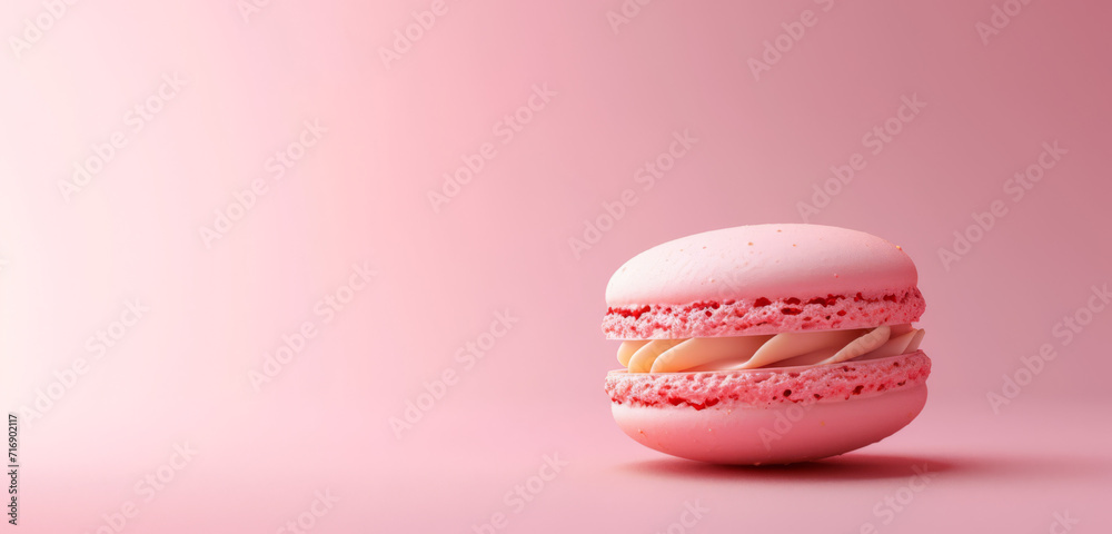 A single pink macaron on a gradient pink background. A single pink macaron on a gradient pink background.
