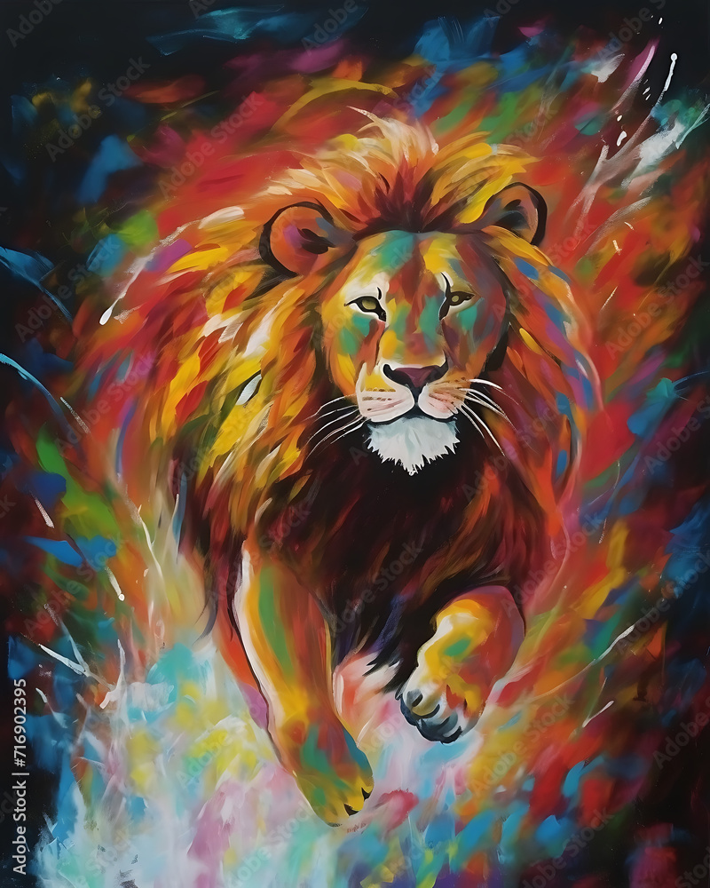 Running lion oil painting artwork - hand painted lion head colorful whimsical watercolor illustration canvas art portrait - zoo animal wildlife jungle king mammal wallpaper background