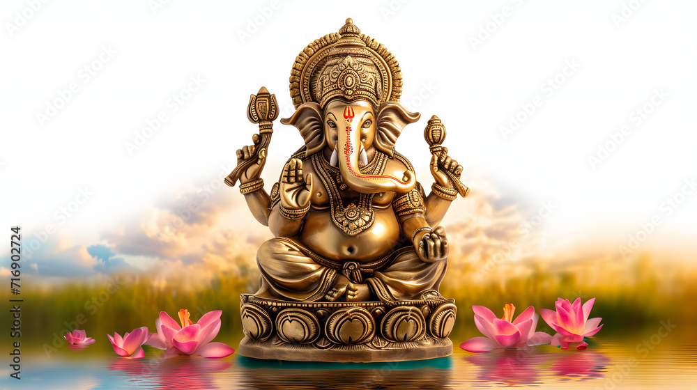Fototapeta premium Golden lord ganesha sculpture over white background. celebrate lord ganesha festival.