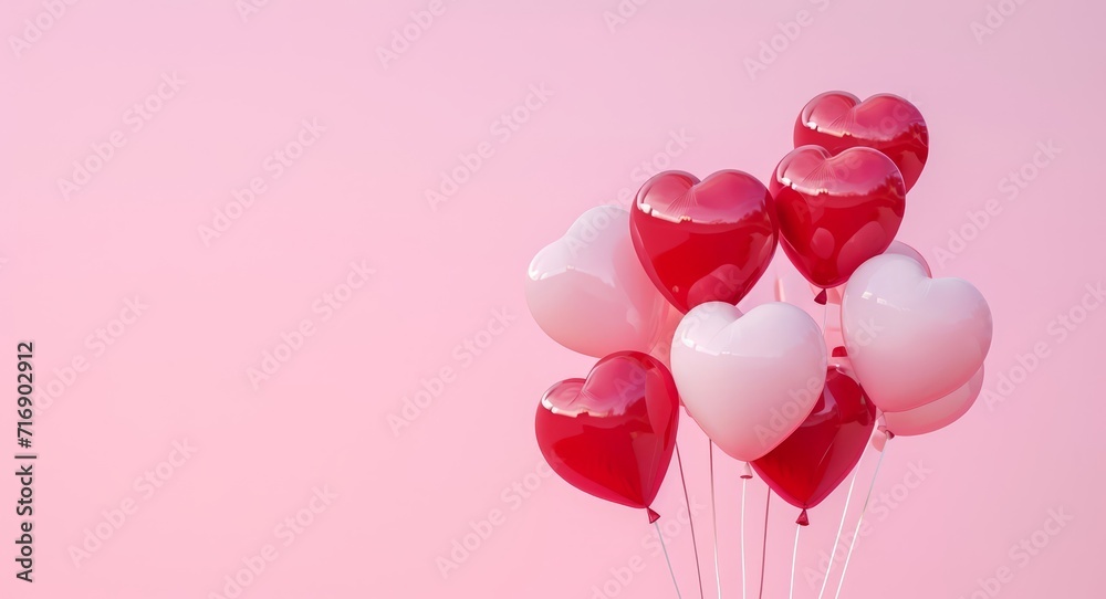 image of a cluster of red and pink heart-shaped balloons floating against a solid pink background.