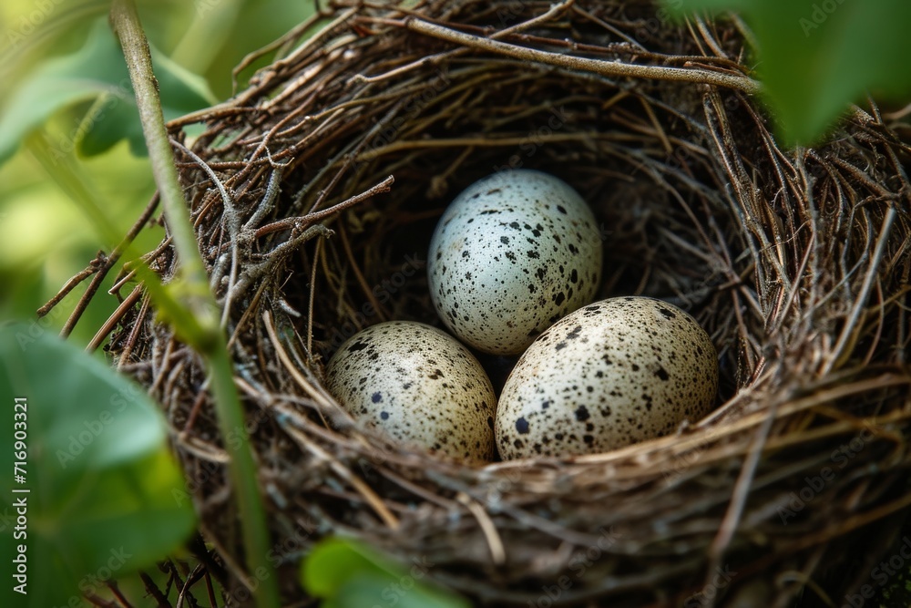 Macro photograph of a bird's nest with eggs, capturing the intricacy and natural construction Macro photograph of a bird's nest with eggs, capturing the intricacy and natural construction