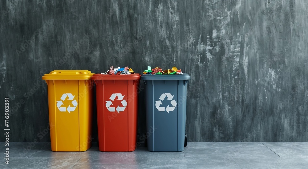 recycling bins standing side by side, each labelled with a different recyclable material recycling bins standing side by side, each labelled with a different recyclable material