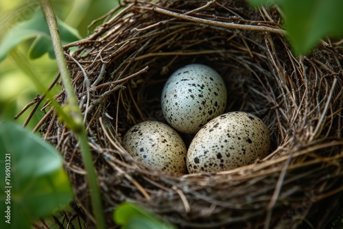 Macro photograph of a bird's nest with eggs, capturing the intricacy and natural construction