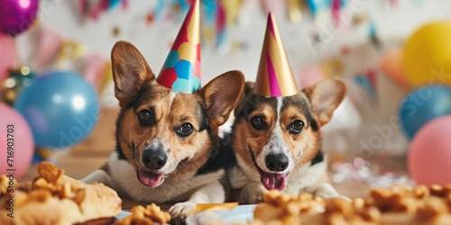 dogs celebrate birthday with caps on their heads Generative AI