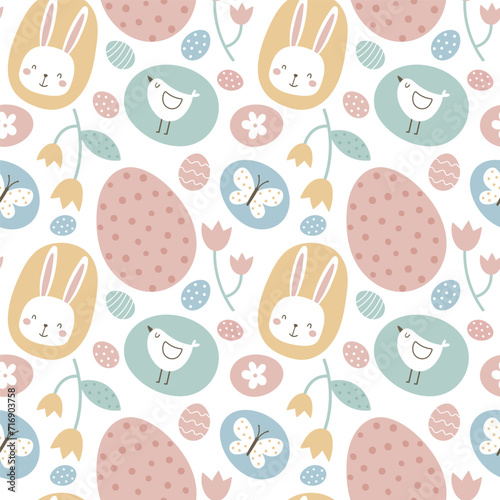 Seamless Easter pattern. Hand drawn colorful children s spring easter pattern with bunnies, chick and easter eggs .