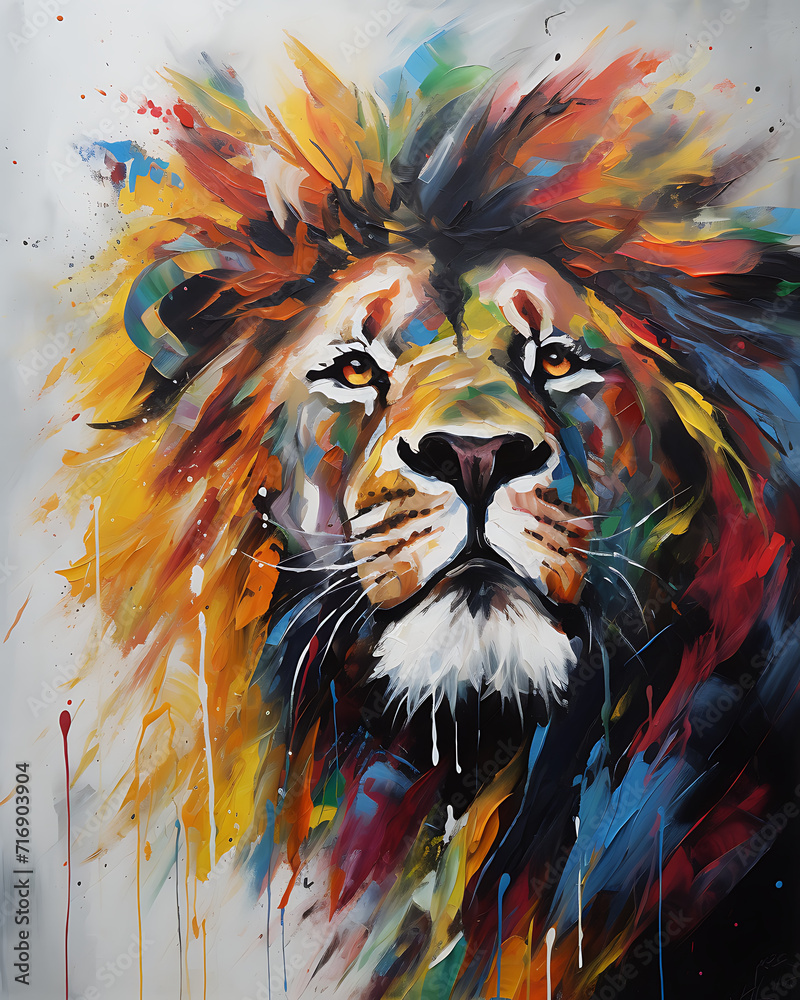 Lion  oil painting artwork - hand painted lion head mane colorful whimsical watercolor illustration canvas art portrait - zoo animal wildlife jungle king mammal wallpaper background