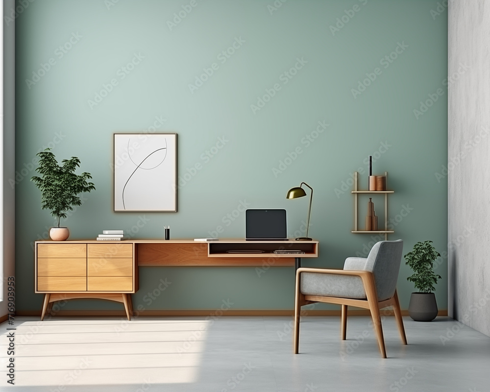 Mid-Century Style Home Office Mockup, 3D Mockup Render, Interior Design Mid-Century Style Home Office Mockup, 3D Mockup Render, Interior Design