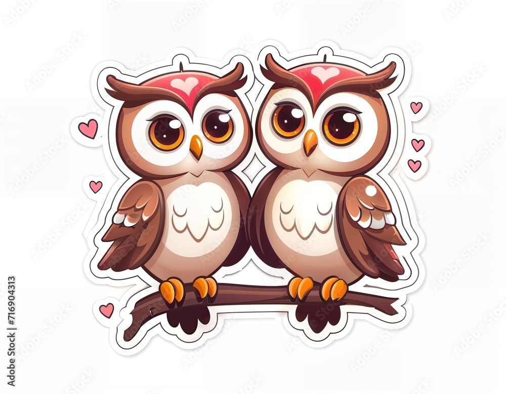 two cartoon owls with hearts for eyes, sitting on a branch. They have brown bodies, white chests, and orange beaks and feet