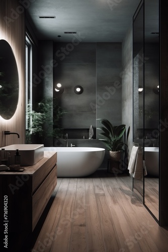 Cozy minimalist interior of bathroom in modern house.
