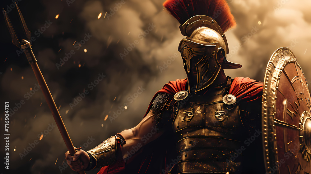 Fototapeta premium Roman Spartan Soldier in Full Armor Wielding a Spear
