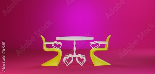 Lovely yellow and white furniture. Table and chairs with hearts, isolated on trendy fuchsia pink color background. Happy Valentines day in cafeteria. Free space for your text, 3D rendering