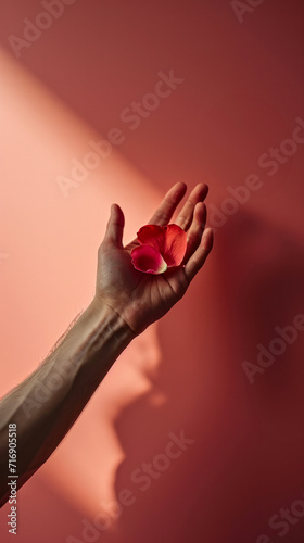 Dramatic red rose petal caught mid-air against a contrasting coral background
