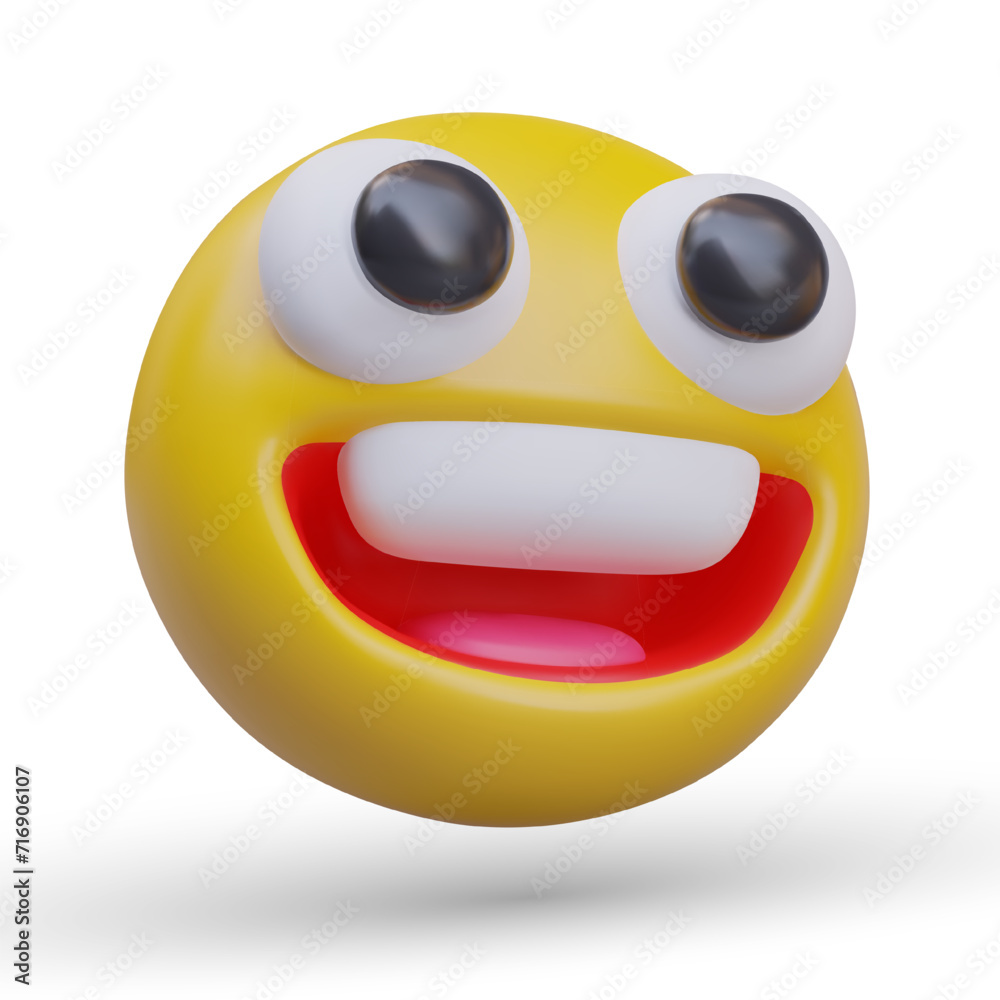 3D emoticon opened its mouth enthusiastically. Character with happy staring eyes. Symbol of joy, happiness. Nice surprise, wow. Illustration in cartoon style