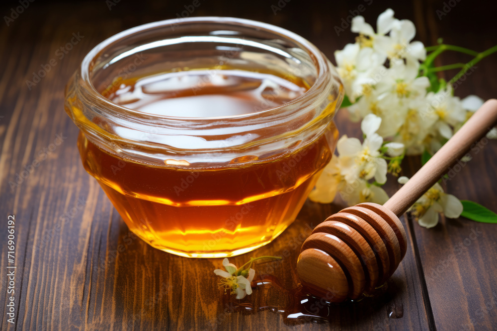 Golden acacia honey in glass bowl with honey dipper and flowers. Golden acacia honey in glass bowl with honey dipper and flowers.