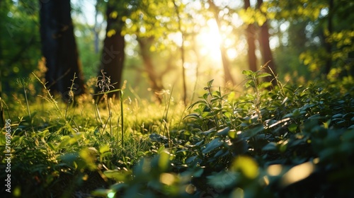 Sunlit forest clearing with lush green grass and trees.