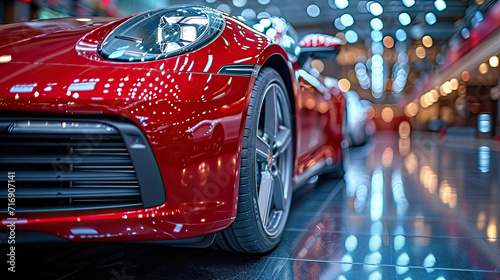 Shiny red sports car showcased in a modern showroom.